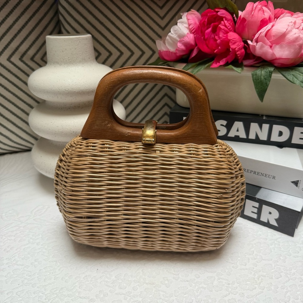 Chic Tan and Brown Mini Woven Bag with Wooden Handles